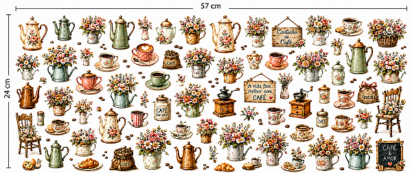 Decalques têxtil tema Café (1 cartela de 57cm x 24cm)