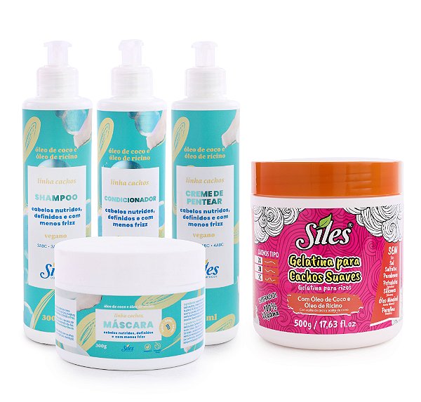 Kit Linha Cachos com Óleo de Coco e Óleo de Rícino + Gelatina Para Cachos Suaves