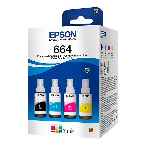 Kit 4 Garrafas Epson T664 para Ecotank 4 cores T664520-4P