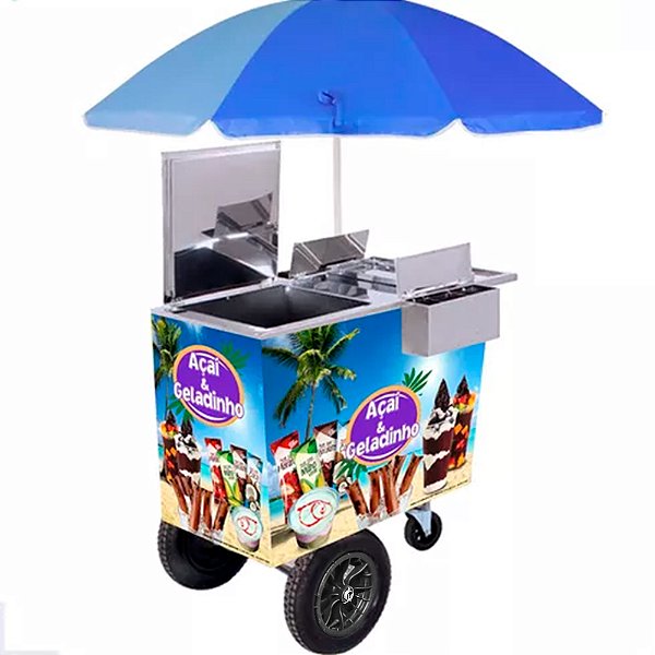 Carrinho De Açaí Picolé Sorvete Com Guarda Sol + Adesivo Total Personalizado