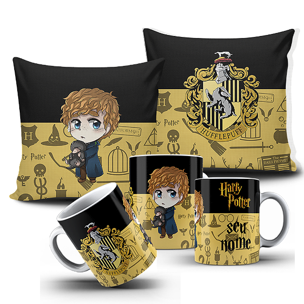 Kit almofada e caneca Harry Potter - Newt Scamander Lufa Lufa  Personalizada com nome