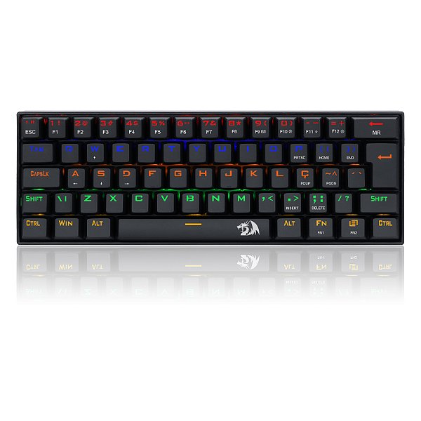 Teclado Mecânico Gamer Redragon Lakshmi, Rainbow, Switch Red, ABNT2, 60%, Black