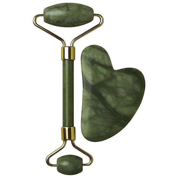 Kit Rolo Pedra de Jade e Placa Gua Sha Massagem Facial