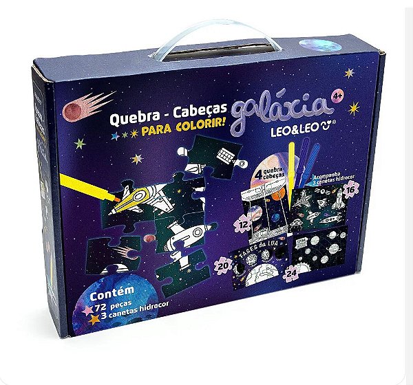 Quebra Cabeça 4 em 1 para Colorir-72 peças e 3 hidrocores Leo&Leo