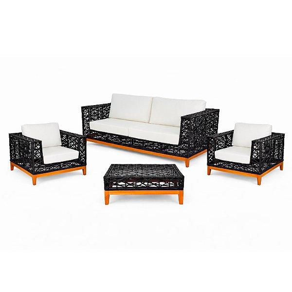 Conjunto de Sofá Petúnia em Fibra Sintética com Pés em Madeira