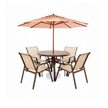 Conjunto de mesa Lótus Com Tampo Ripado 4 Cadeiras e Ombrelone