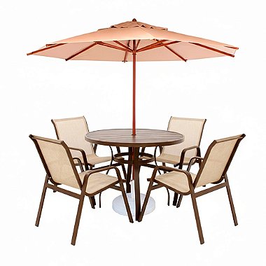 Conjunto de mesa Lótus Mesa Ripada com 4 Poltronas e Ombrelone