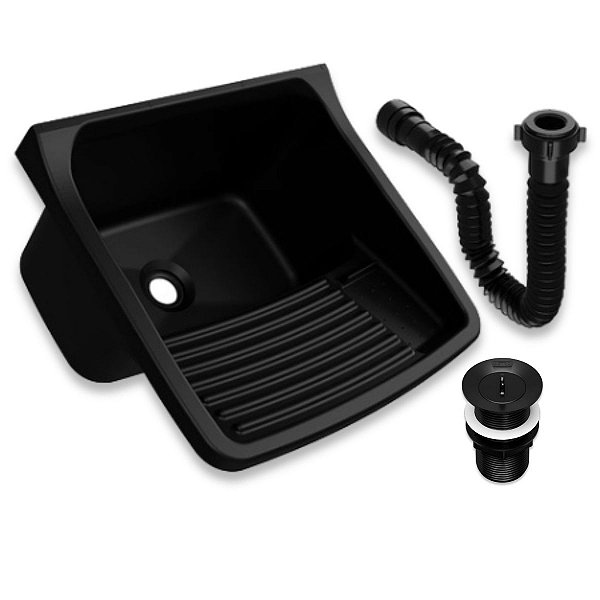 Tanque de Lavar Roupa Plastico Preto 22 Litros com Sifão e Kit Completo de Instalação