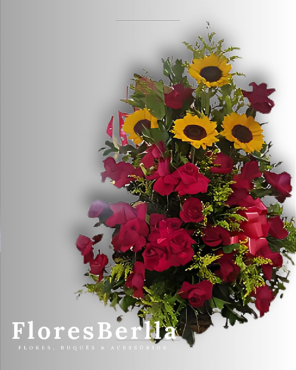 Cachepô de Girassol e Rosas Vermelhas.