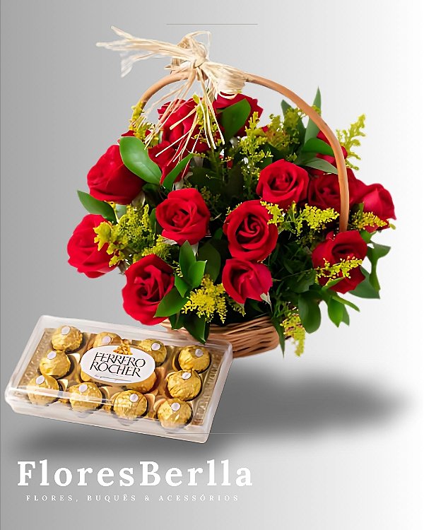 Cachepô com 15 rosas vermelhas e Ferrero Rocher de 12 unidades