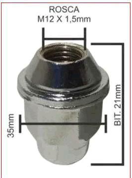 Porca Roda Dianteira e Traseira - HB20 1.0 12v - 1.6 16v após 2012... - Rosca 12x1,5mm - Chave 21mm - Cromado