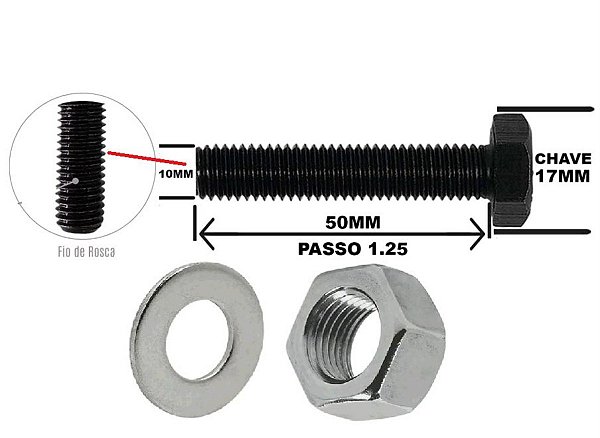 Parafuso Pivo Gol 1.0/1.6/1.8 8v/16v 1992 a 2012 - Com Porca - 10x50