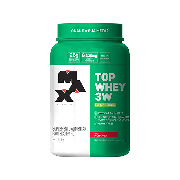 Top Whey 3w + NATURAL Pote 900g Morango - Max Titanium