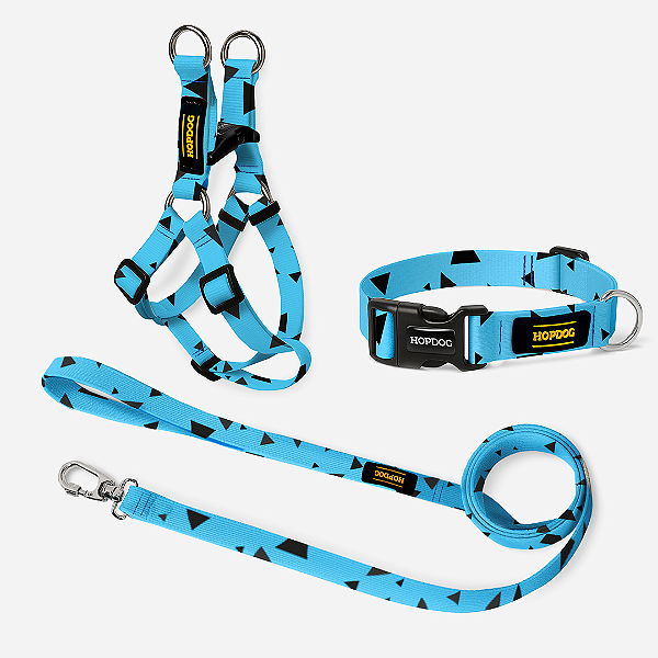 KIT Azul com Triângulos - Peitoral Step In com Guia Slim e Coleira