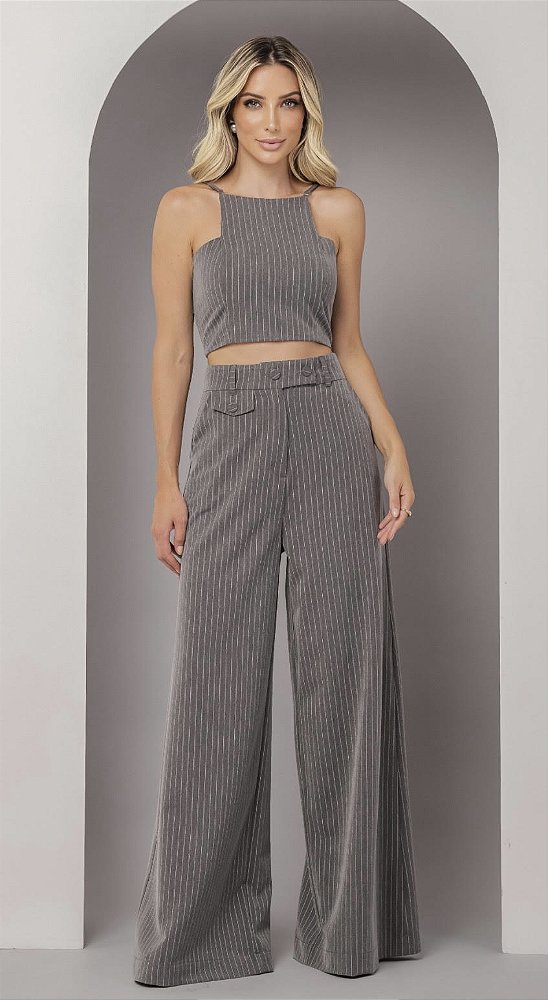 CALÇA RISCA DE GIZ CINZA