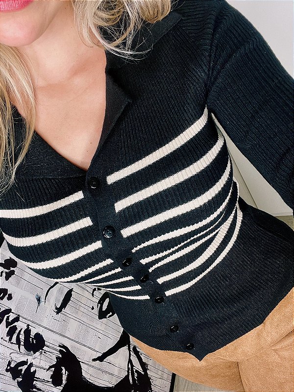 BLUSA GOLA POLO MANGA LONGA PRETA