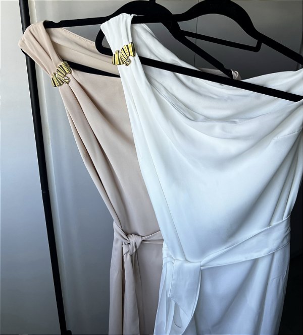 VESTIDO MIDI BRANCO OMBRO ÚNICO COM FIVELA