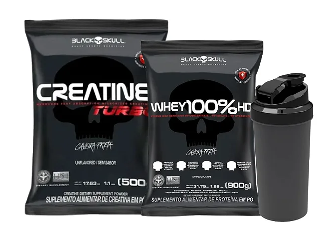 Creatina Turbo Refil - 500g - Black Skull - Caveira Preta + Whey 100% HD 900gr Refil Caveira Preta - Black Skull