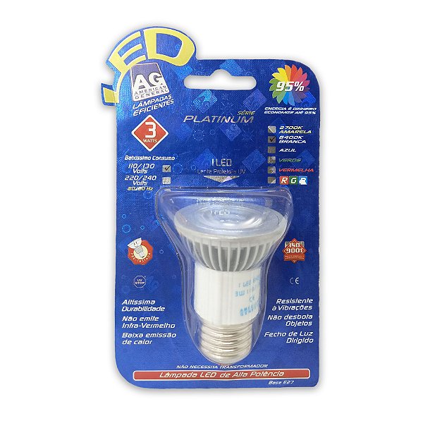 Kit 2 Lâmpadas Led Dicroica MR16 3W 6400K E27 127V