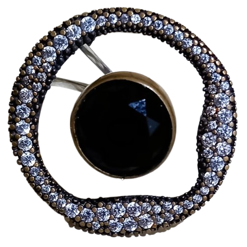 Anel Turco de Prata 925 e Bronze Redondo Preto e Cristal No. 18