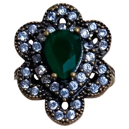 Anel Turco Prata Turca Nuvem Verde E Cristal