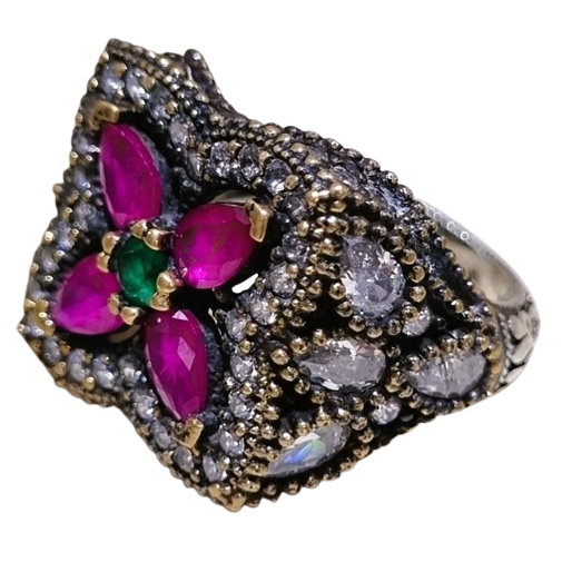 Anel Turco Prata 925 Esmeralda Rubi e Cristal e Rubi No.22