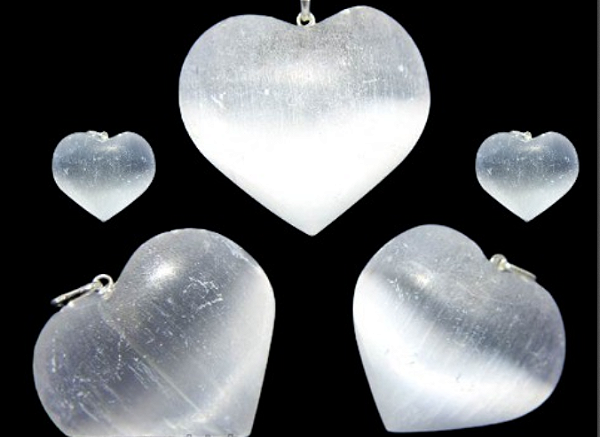 Pingente Coração Grande Pedra Selenita Pino e Passador Prata 950