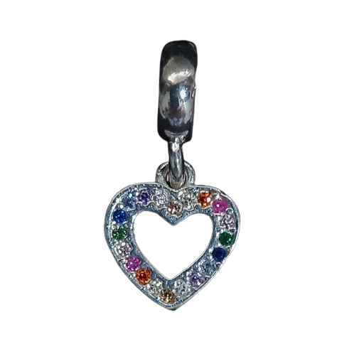 Pingente Berloque Coração Vazado em Prata 925 e Zircônias Coloridas