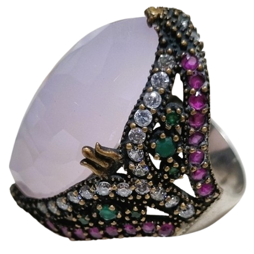 Anel Turco Prata 925 e Bronze Cravejado de Zircônias Verde e Pink e Rosa No. 22