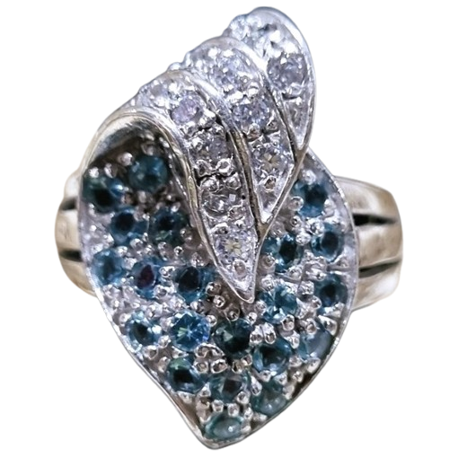 Anel Prata 925 Folha Zircônias Cristal e Azul Claro No. 21