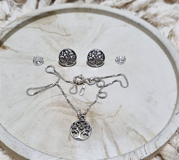 Conjunto Brinco, Pingente Árvore da Vida e Tornozeleira de Prata 925