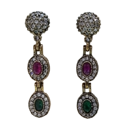 Brinco Turco Prata 925 e Bronze Oval Pink e Verde Base Redonda Cristal