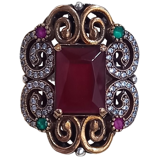Anel Turco Retangular Vermelho, Rubi, Verde e Cristal No.20