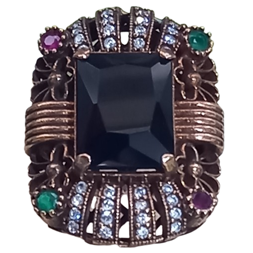 Anel Turco Retangular Zircônias Negra, Rubi, Verde e Cristal No. 19/20