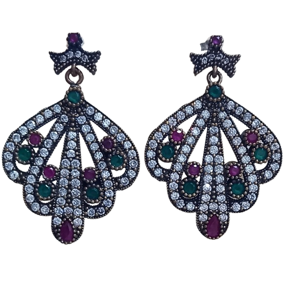 Brinco Turco Prata 925 e Bronze Pavão Verde Rubi e Cristal