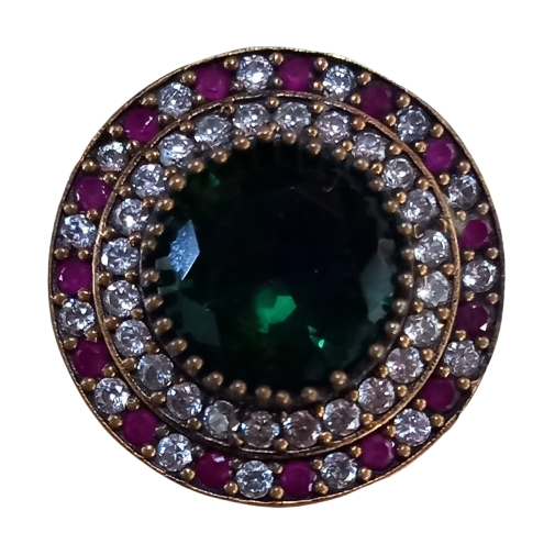 Anel Turco Prata Turca Redondo Verde Pink Cristal No.18/19