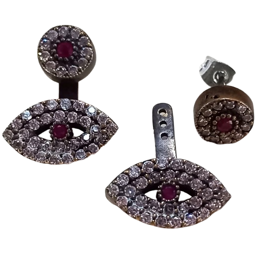 Brinco Turco Prata 925 e Bronze Pink e Cristal Olho Grego