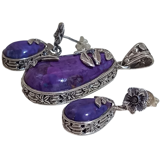 Conjunto Brincos E Pingente Prata 925 E Opala Roxa Sintética