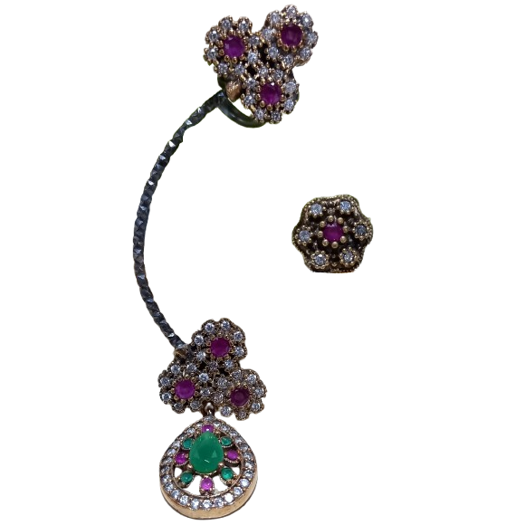 Brinco Turco Assimétrico Gota Pink Verde e Cristal Prata 925 e Bronze