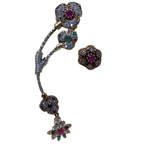 Brinco Turco Assimétrico Flor Pink Azul Verde e Cristal Prata 925 e Bronze