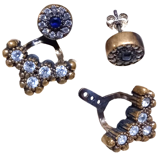 Brinco Turco Prata 925 e Bronze Azul, Cristal Círculo e Pêndulo