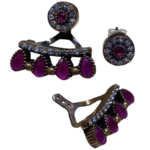 Brinco Turco Prata 925 e Bronze Pink e Cristal Círculo e Pêndulo