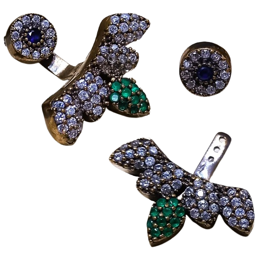 Brinco Turco Prata 925 e Bronze Pêndulo Azul Verde e Cristal