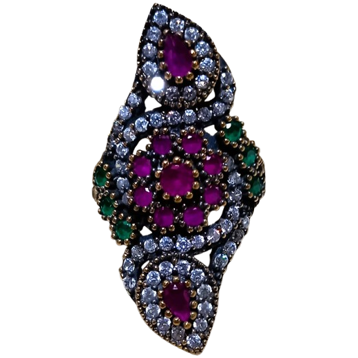 Máxi Anel Turco de Prata 925 e Bronze Flor Pink Verde e Cristal