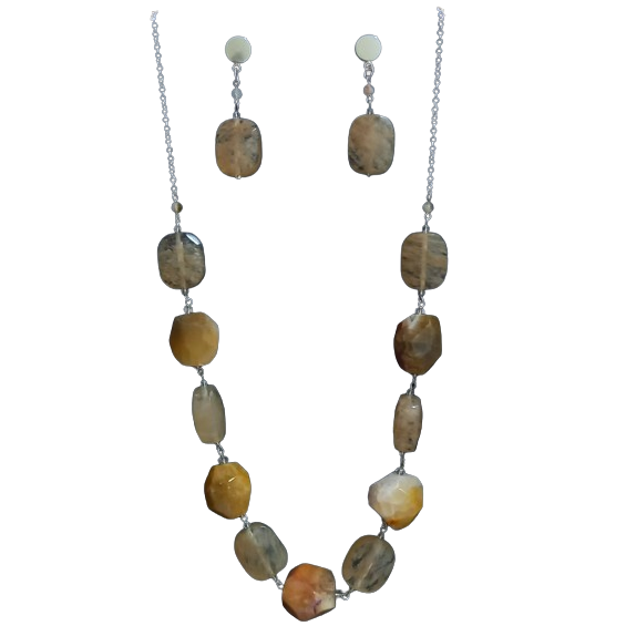 Conjunto Brincos e Colar de Prata 925 e Citrino