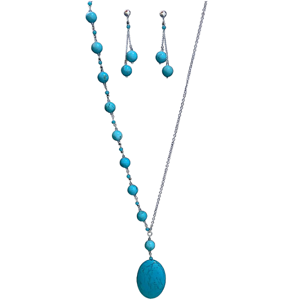 Conjunto Colar e Brincos de Prata 925 e Pedra Turquesa