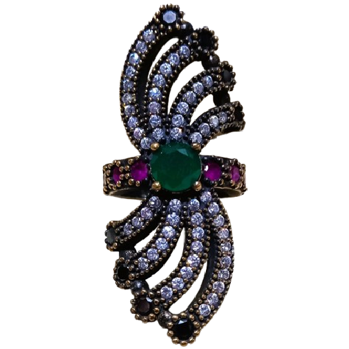 Anel Turco Máxi Verde Cristal Rubi e Azul Marinho No. 14