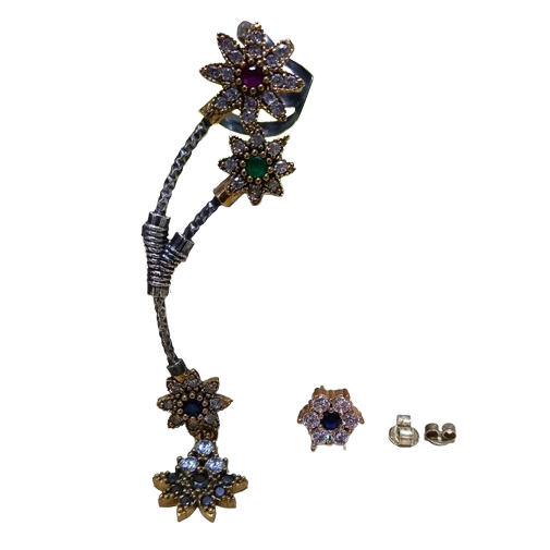 Brinco Turco Assimétrico Flores Pêndulo Azul Cristal