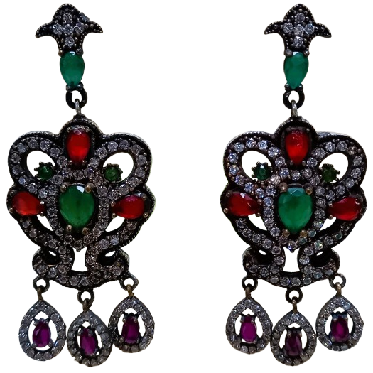 Máxi Brinco Turco Prata 925 e Bronze Verde Pink Rubi e Cristal