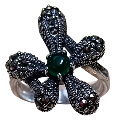 Anel Flor de Prata 925 com Agata Verde e Marcassitas No. 17/18